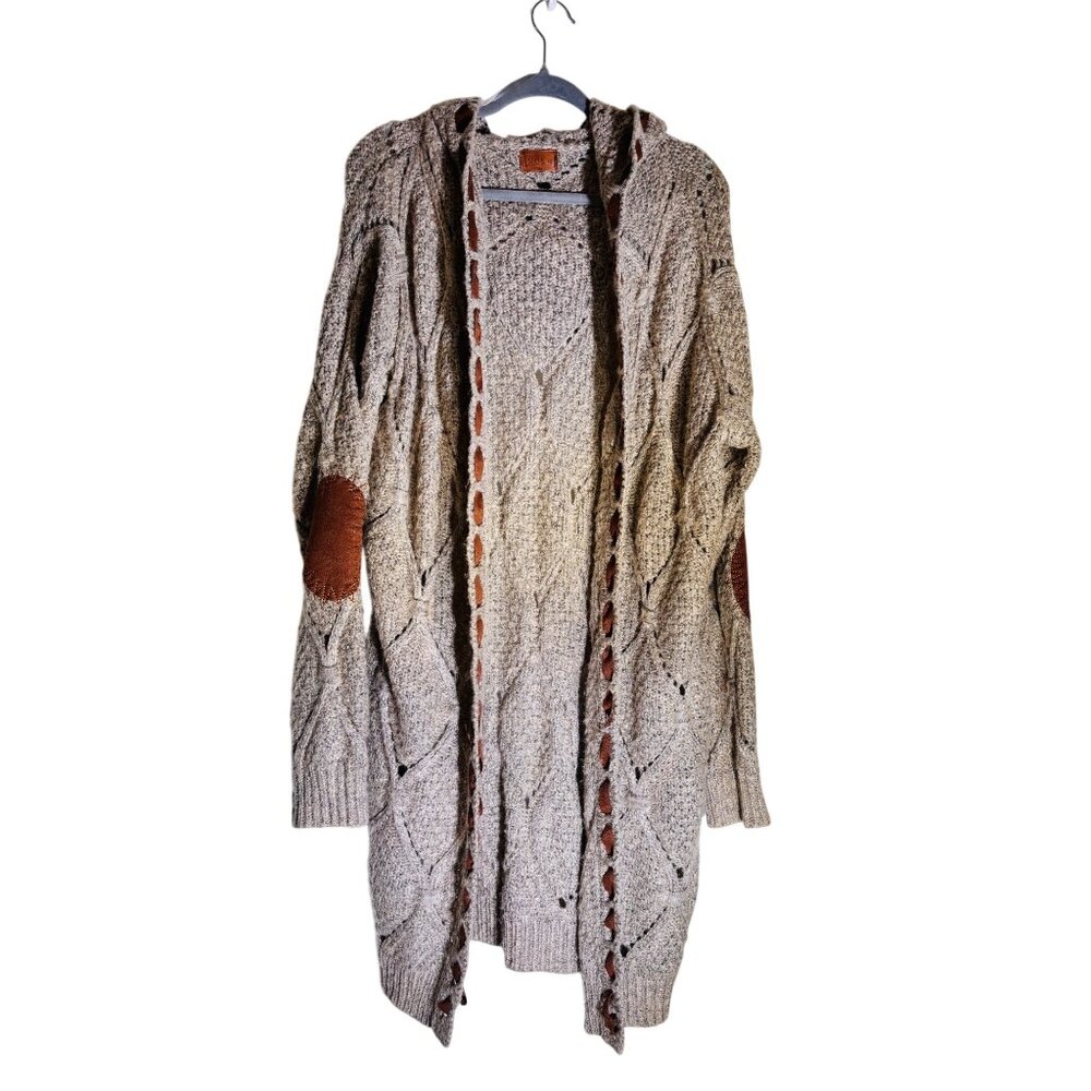 Pol M Cozy Cable Knit Hooded Long Cardigan Duster With Elbow Patches - Picture 2 of 10